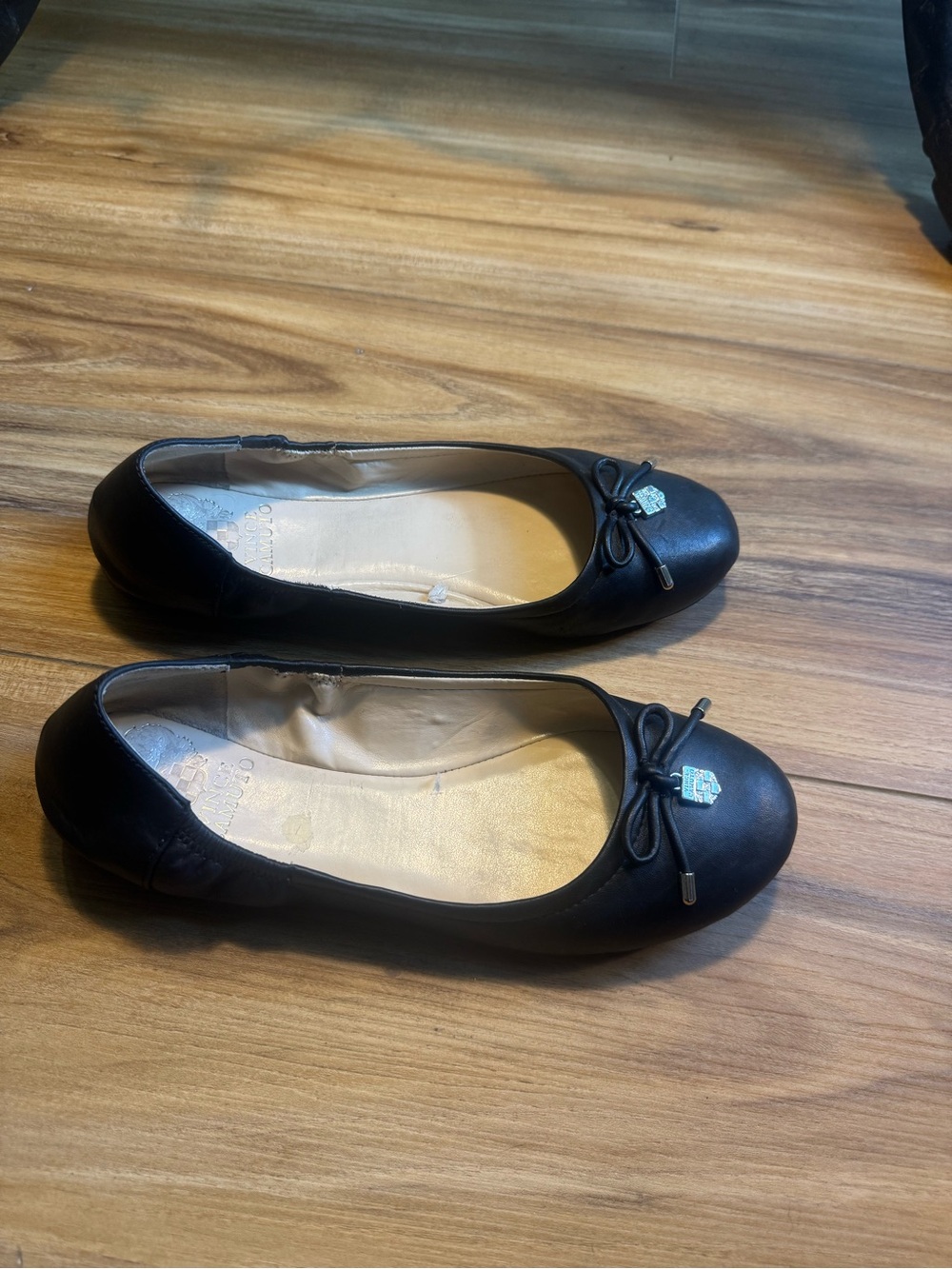 Vince Camuto Leather Black Bow Ballet Flats with Logo Accent